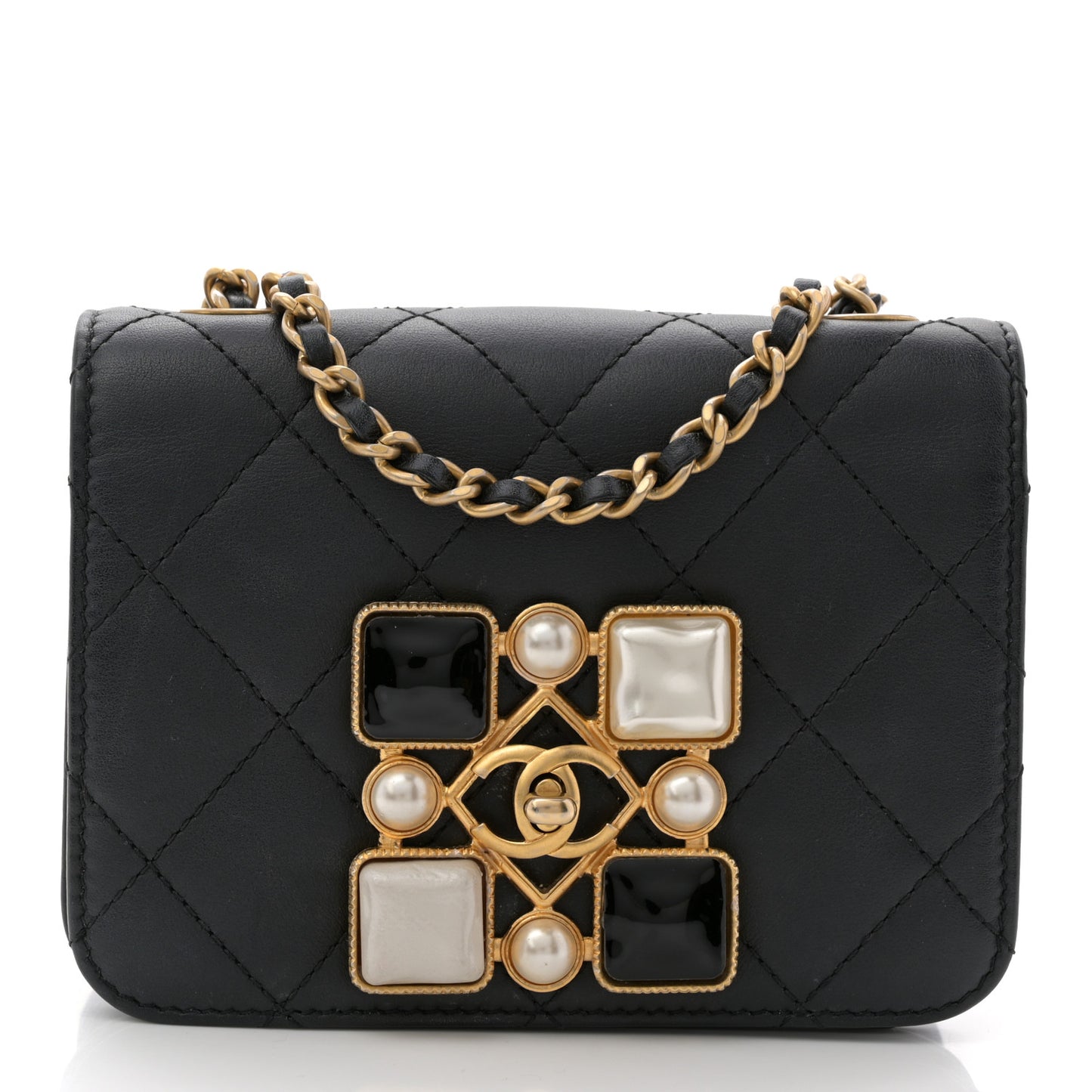 Calfskin Quilted Crystal Pearl Mini Flap Bag Black