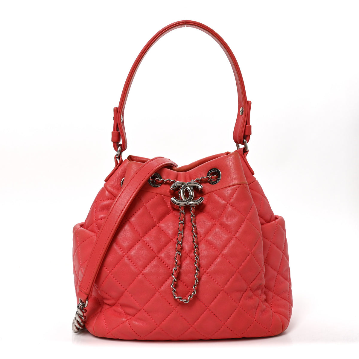 Lambskin Quilted Small CC Chain Drawstring Bucket Bag Red