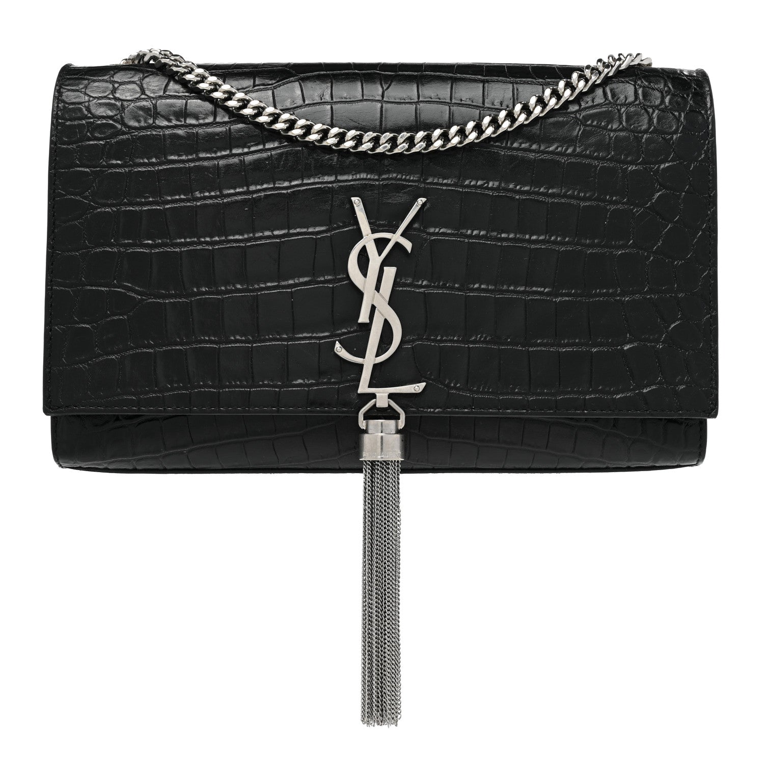 Saint Laurent Calfskin Crocodile Embossed Medium Classic Monogram Kate Tassel Satchel Black 1 of 15