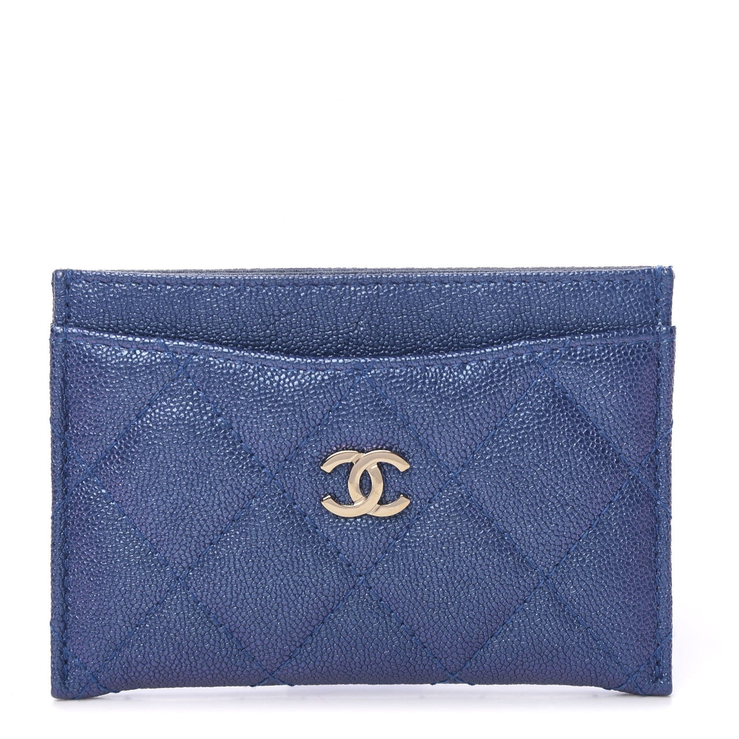 Iridescent Caviar Quilted Card Holder Dark Blue