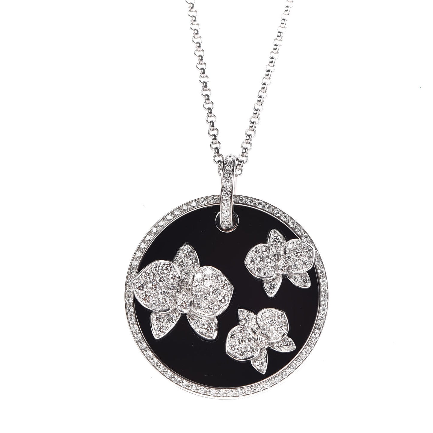 18K White Gold Diamond Black Onyx Caresse D'Orchidees Par Cartier Round Pendant Necklace
