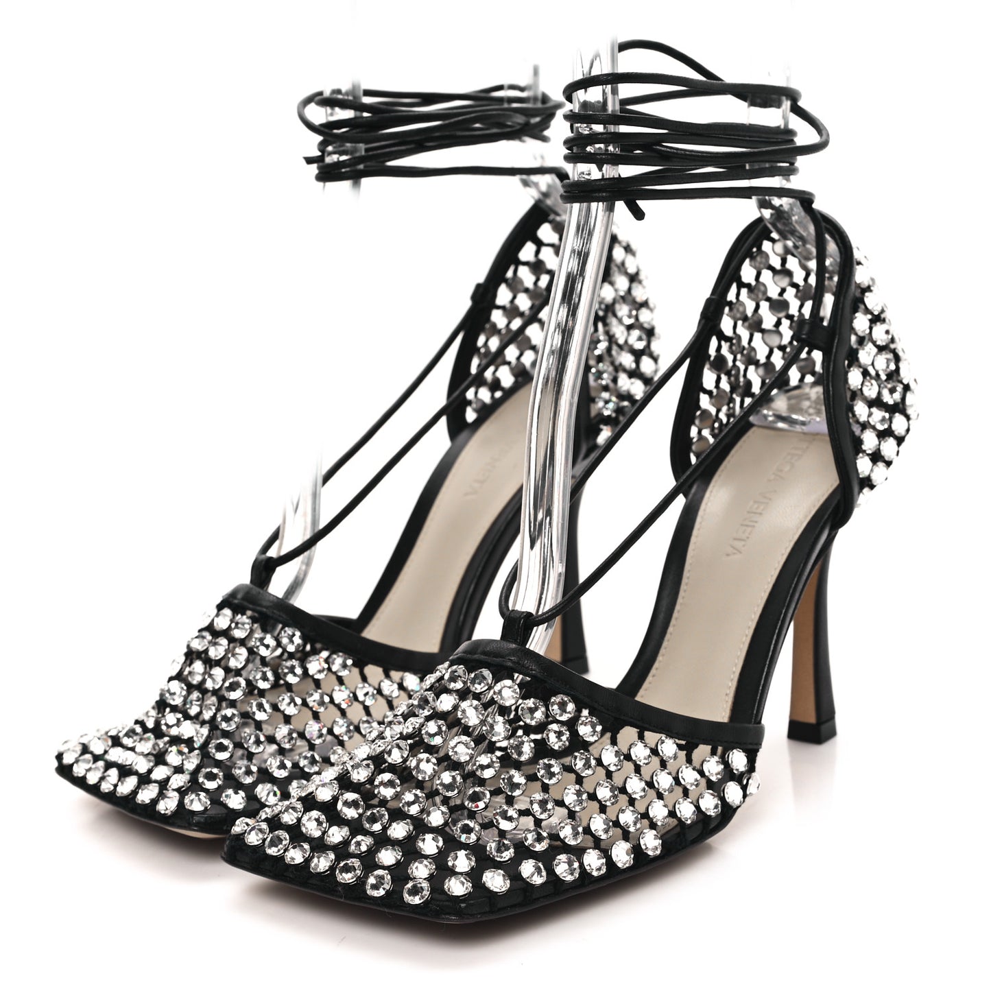 Mesh Nappa Crystal Embellished Sparkle Stretch Ankle Tie Sandals 37.5 Black