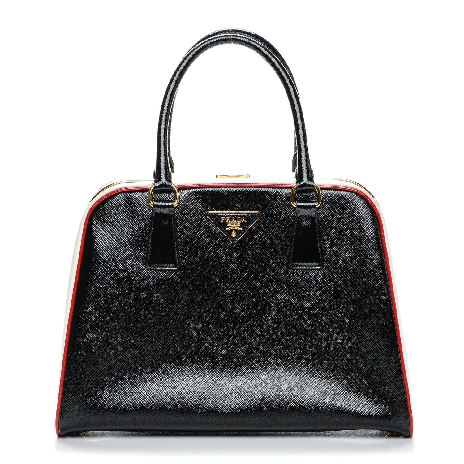 Prada Saffiano Vernice Pyramid Bag Black White Rosso 1 of 7