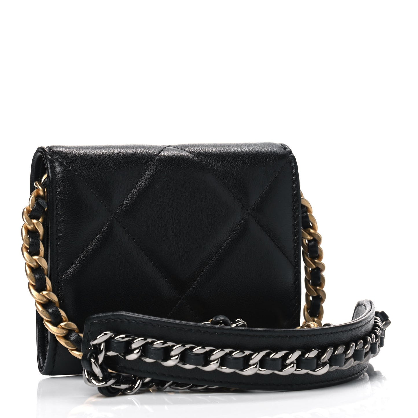 Shiny Goatskin Quilted Chanel 19 Flap Coin Purse With Chain Black