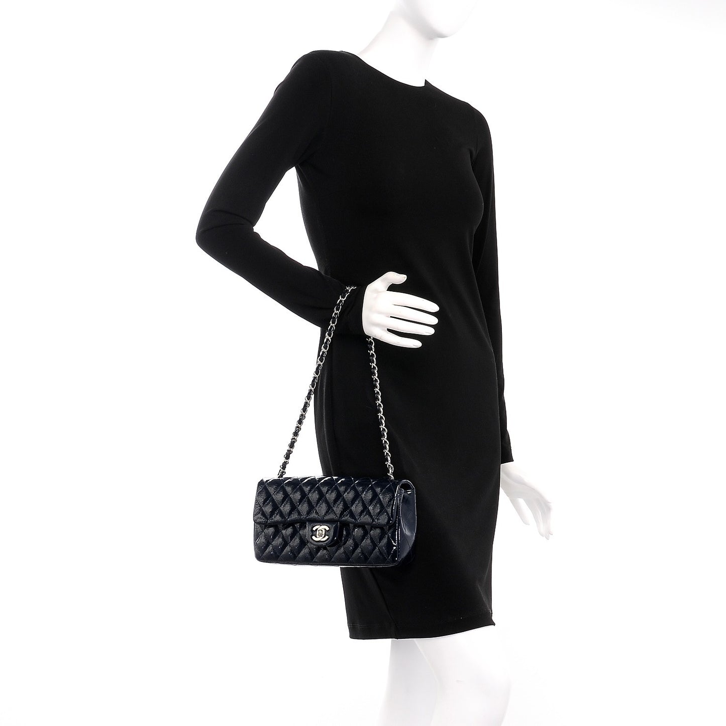 Distressed Patent Quilted East West Flap Navy Blue