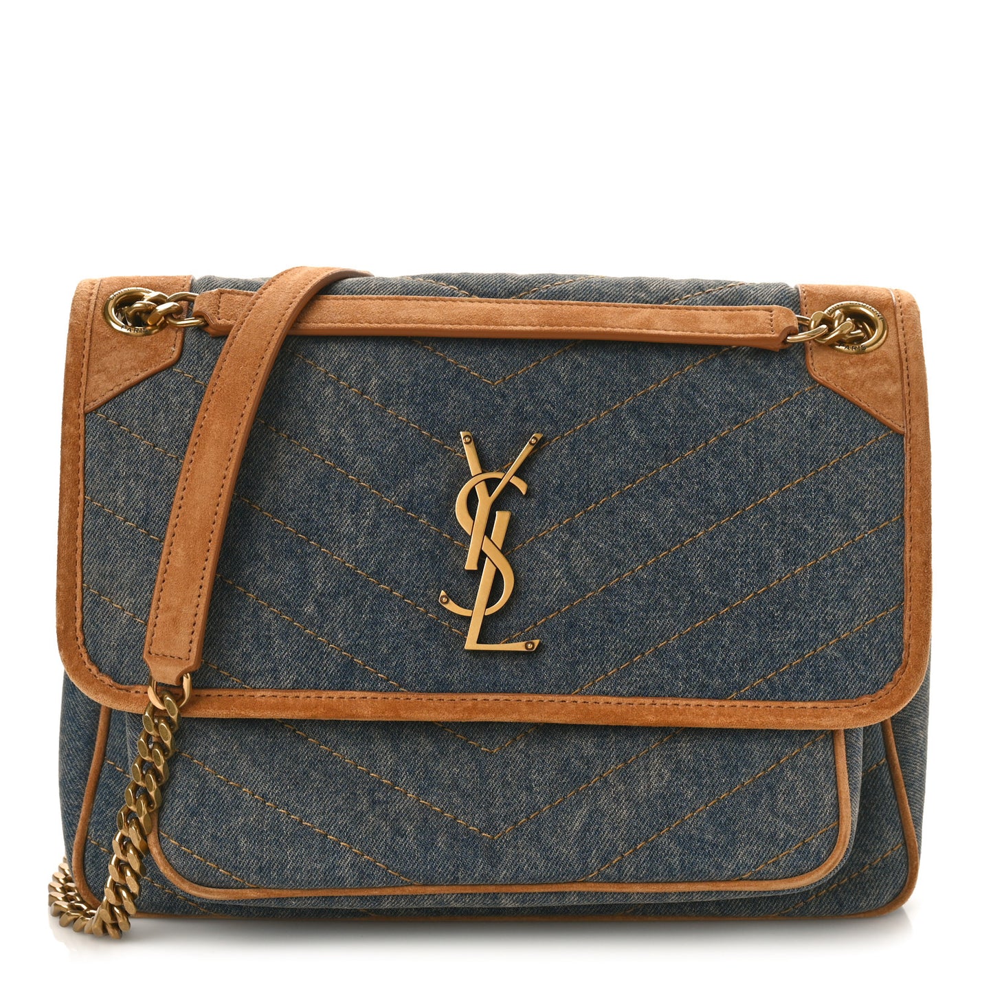 Denim Suede Monogram Medium Niki Chain Satchel Blue Cinnamon