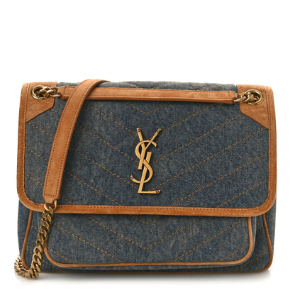 Saint Laurent Denim Suede Monogram Medium Niki Chain Satchel Blue Cinnamon 1 of 9