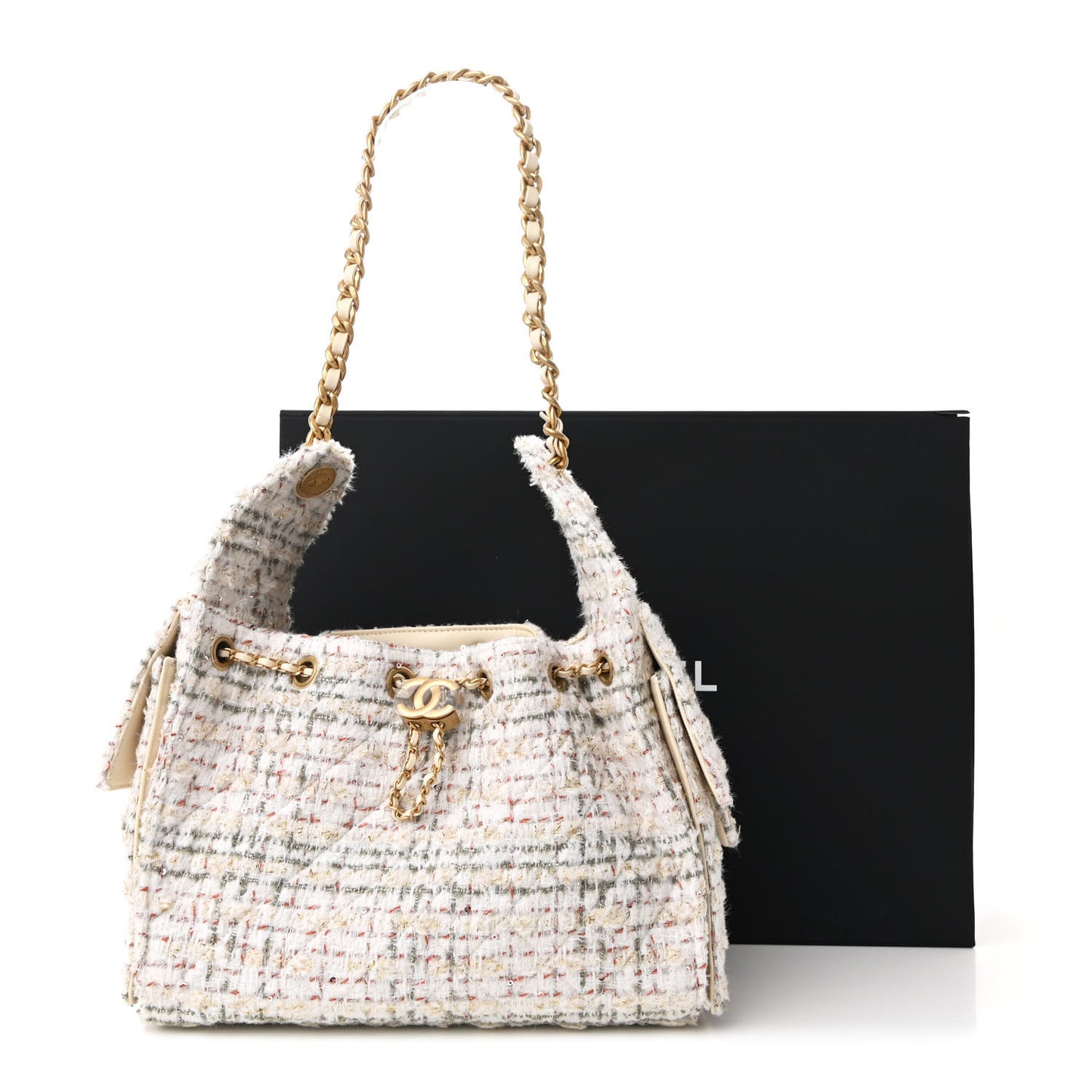 Tweed Quilted Small Chanel 25 Handbag Ecru Khaki Gold Red