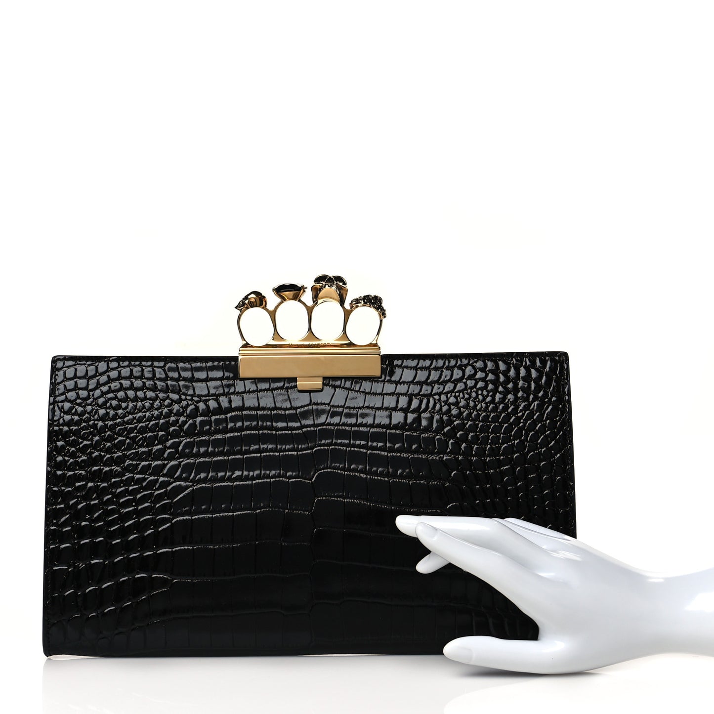 Calfskin Crocodile Embossed Knuckle Flat Clutch Black