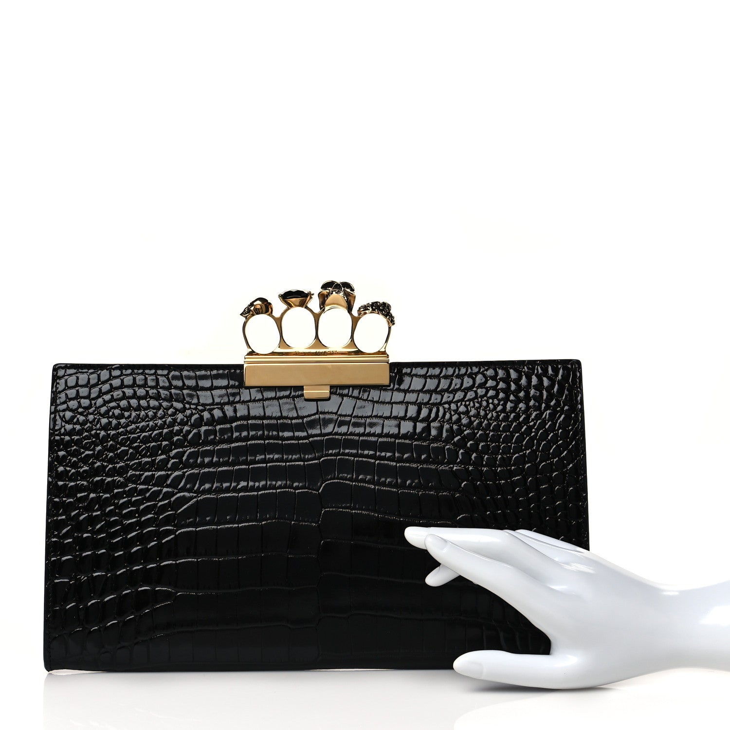 Alexander McQueen Calfskin Crocodile Embossed Knuckle Flat Clutch Black 2 of 9