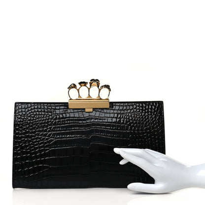 Alexander McQueen Calfskin Crocodile Embossed Knuckle Flat Clutch Black 2 of 9