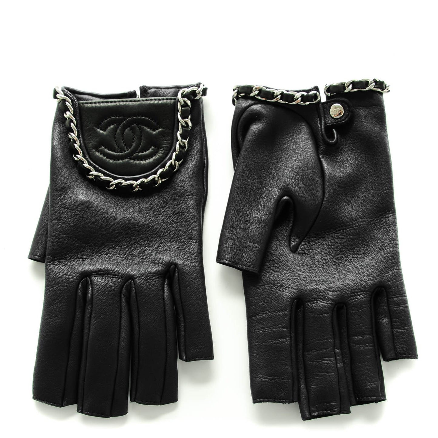 Lambskin Fingerless Chain CC Gloves 8 Navy Black