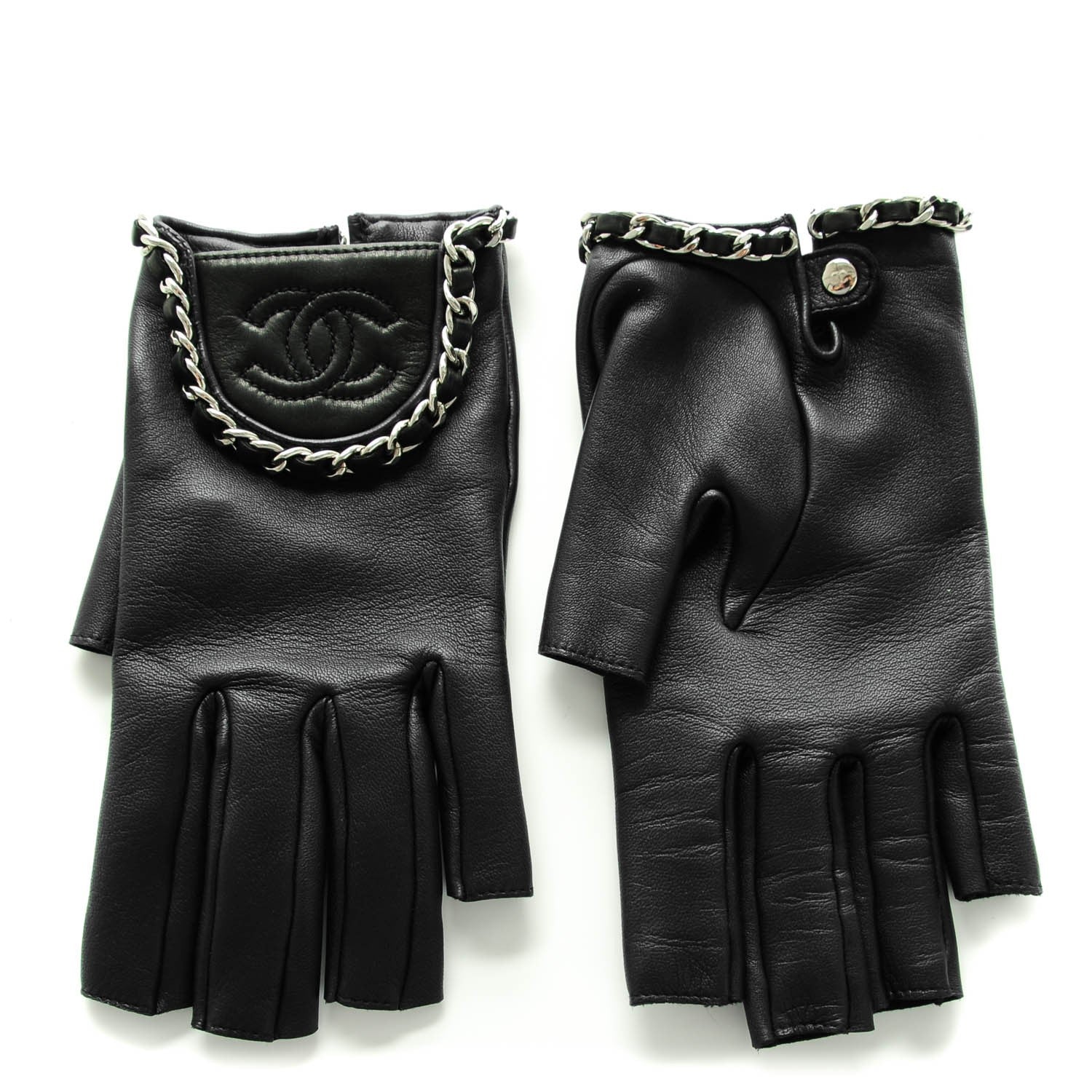 Chanel Lambskin Fingerless Chain CC Gloves 8 Navy Black 1 of 8