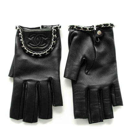 Chanel Lambskin Fingerless Chain CC Gloves 8 Navy Black 1 of 8