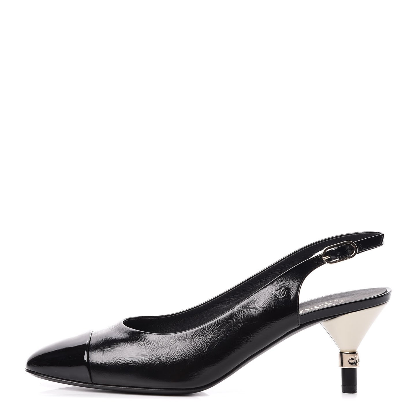 Crumpled Calfskin Patent Cap Slingback Pumps 39.5 Black