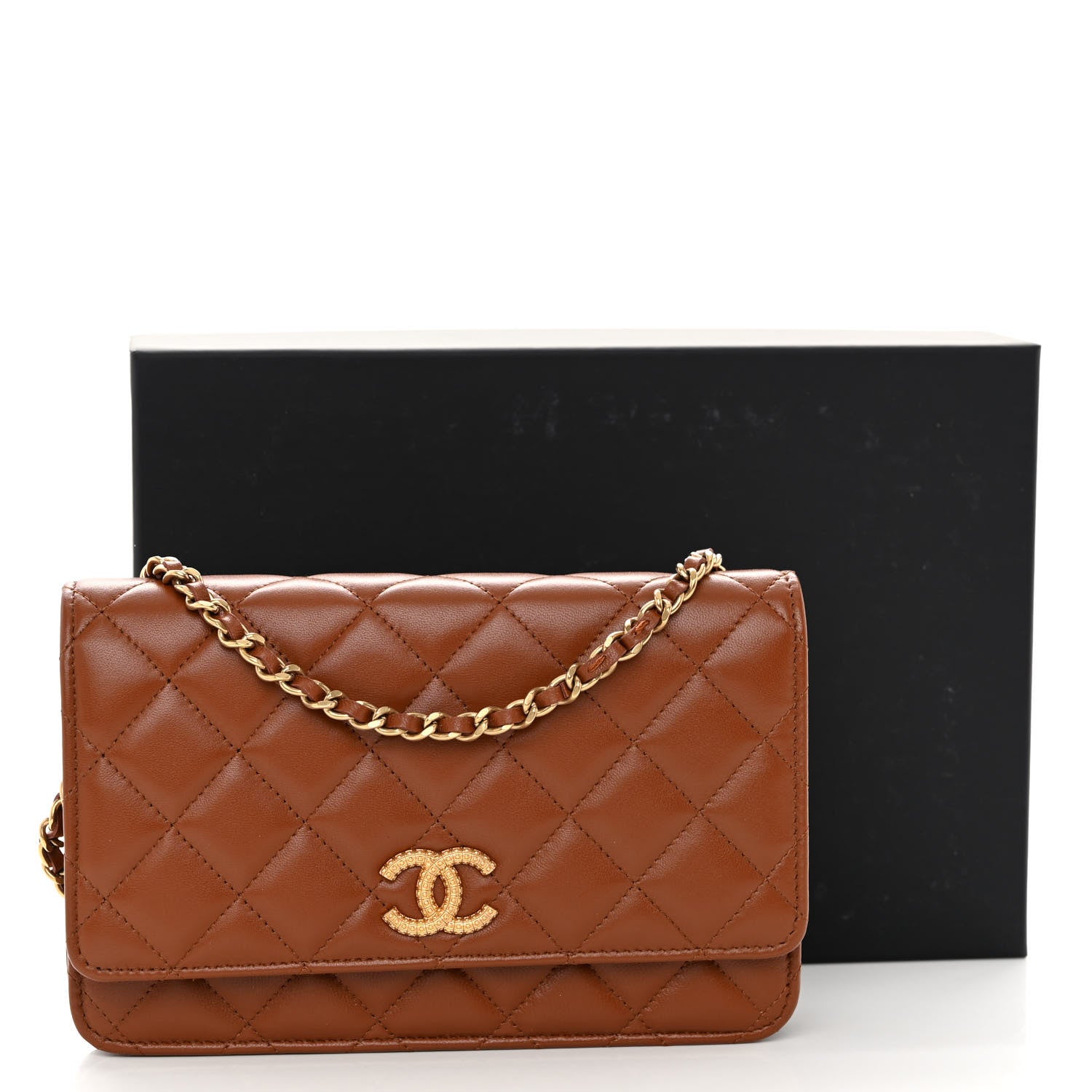 Chanel Lambskin Quilted Studded CC Wallet On Chain WOC Light Brown 12 of 12