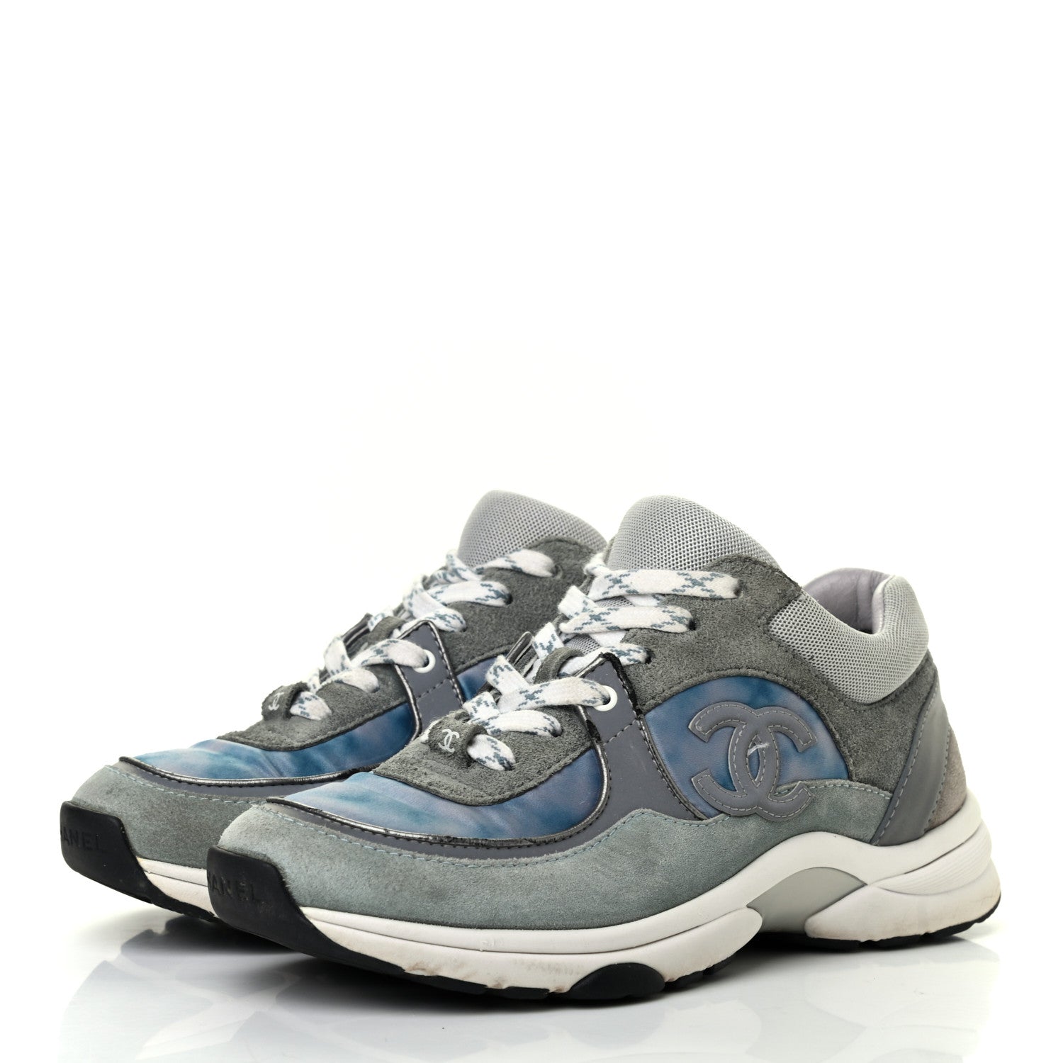 Chanel Nylon Lambskin Suede Calfskin CC Sneakers 36 Blue Grey White 3 of 8