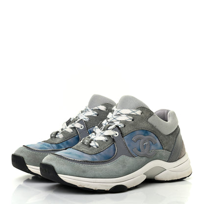 Chanel Nylon Lambskin Suede Calfskin CC Sneakers 36 Blue Grey White 3 of 8