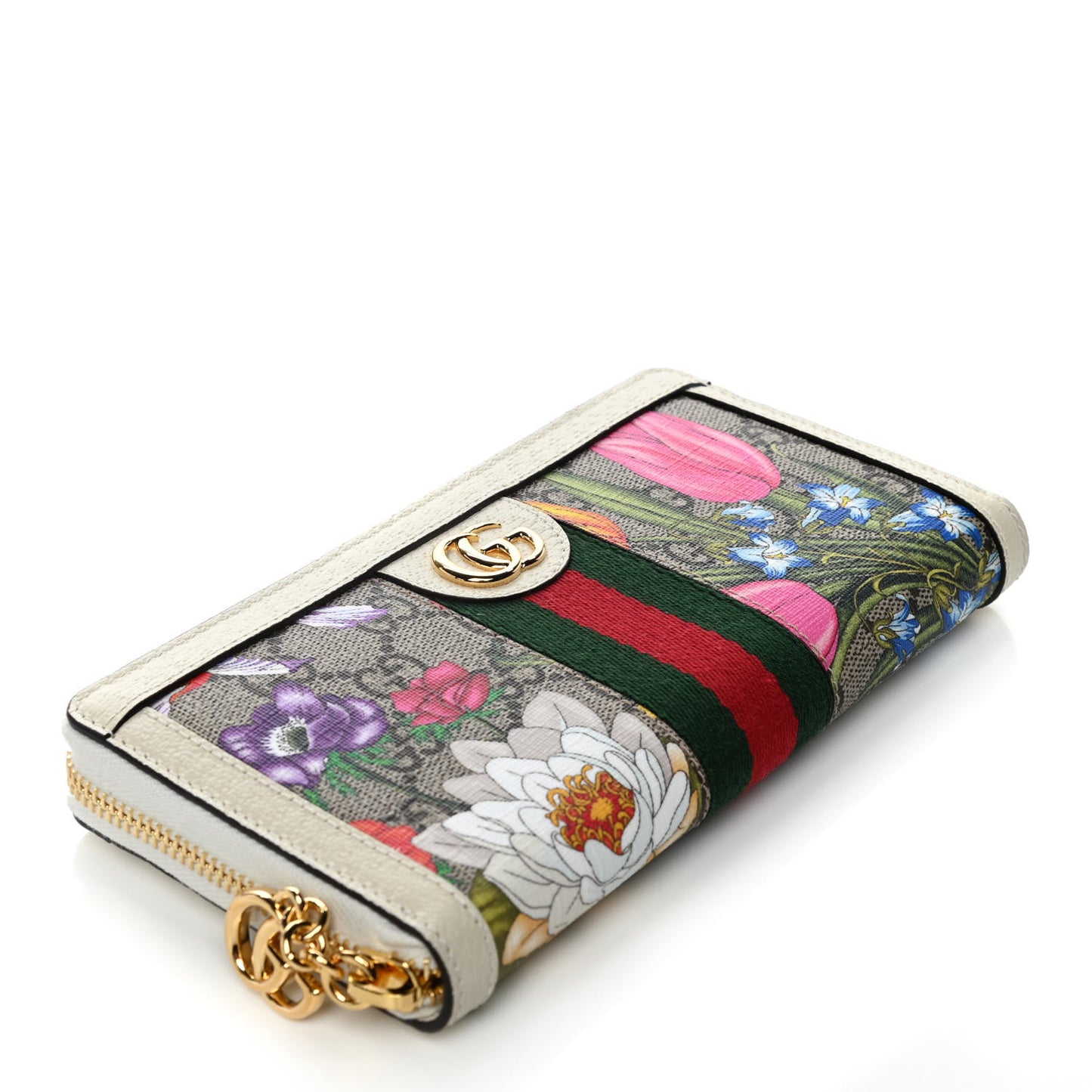 GG Supreme Monogram Flora Ophidia Zip Around Wallet White