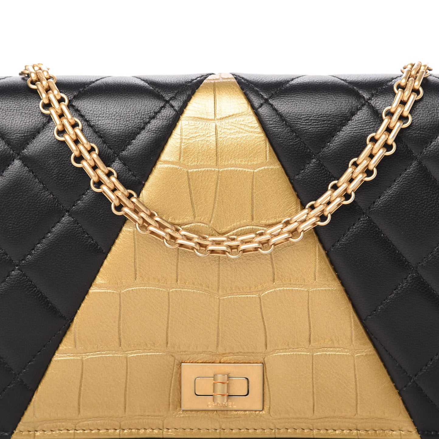 Lambskin Metallic Calfskin Crocodile Embossed 2.55 Reissue Wallet On Chain WOC Black Gold