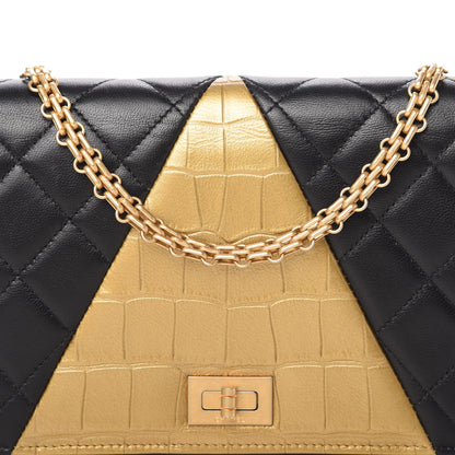 Chanel Lambskin Metallic Calfskin Crocodile Embossed 2.55 Reissue Wallet On Chain WOC Black Gold 11 of 11