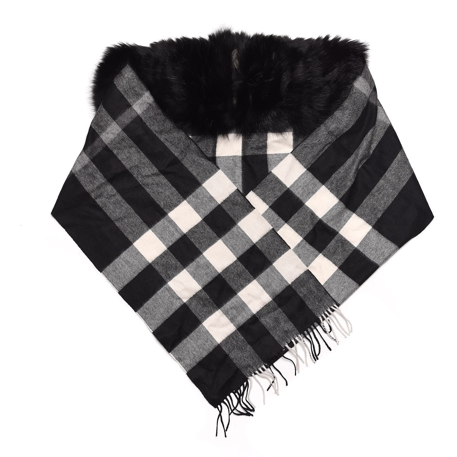 Burberry Fox Cashmere Half Mega Check Fringe Scarf Black 1 of 4