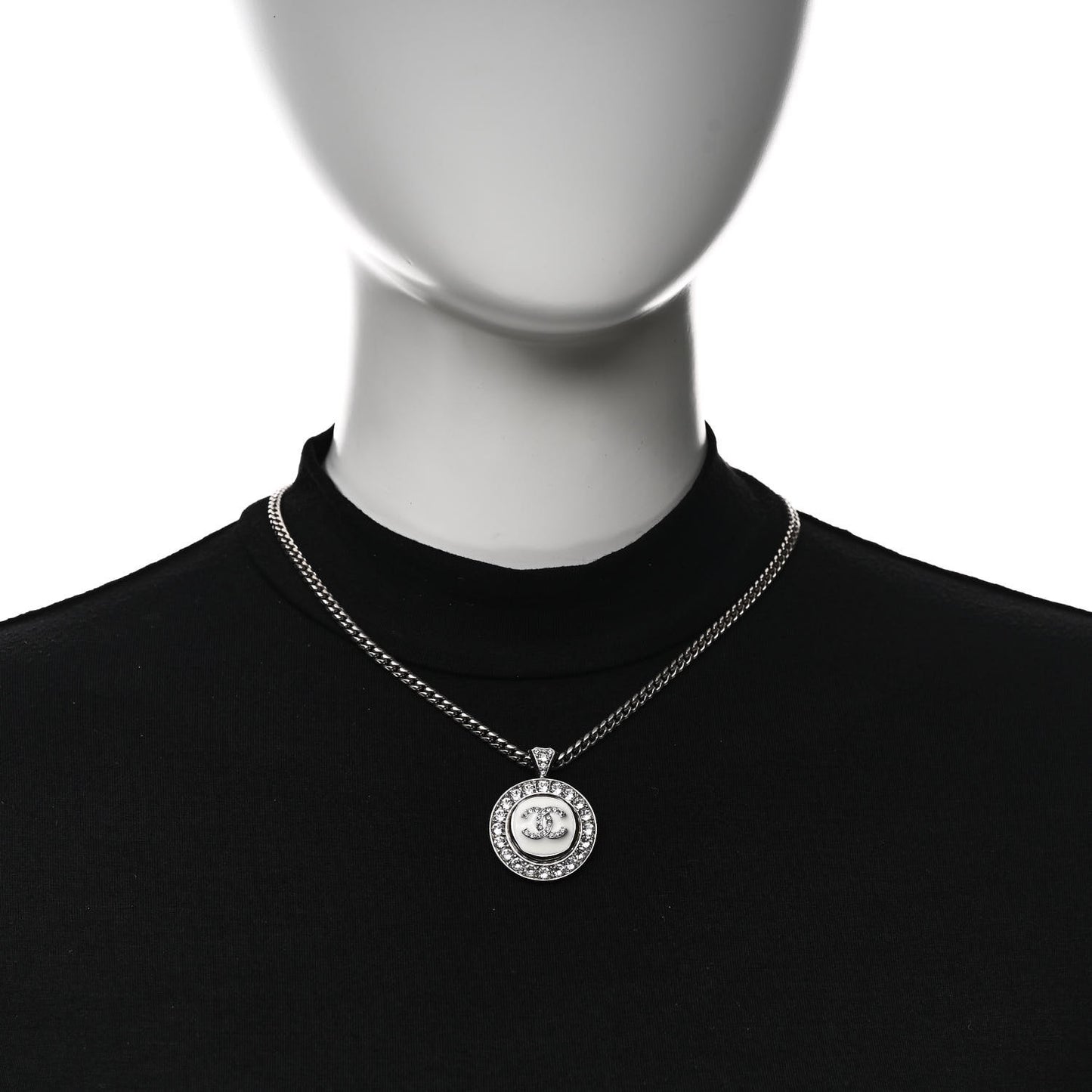 Crystal Enamel CC Pendant Necklace Silver White