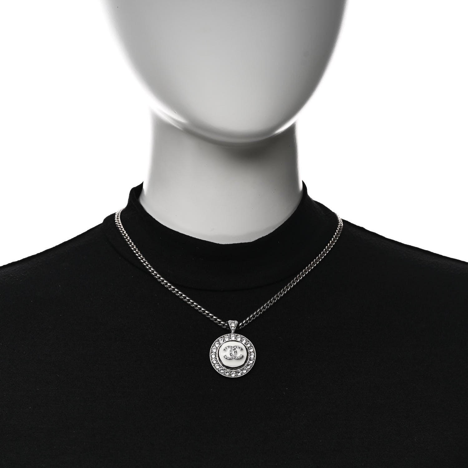 Chanel Crystal Enamel CC Pendant Necklace Silver White 2 of 6