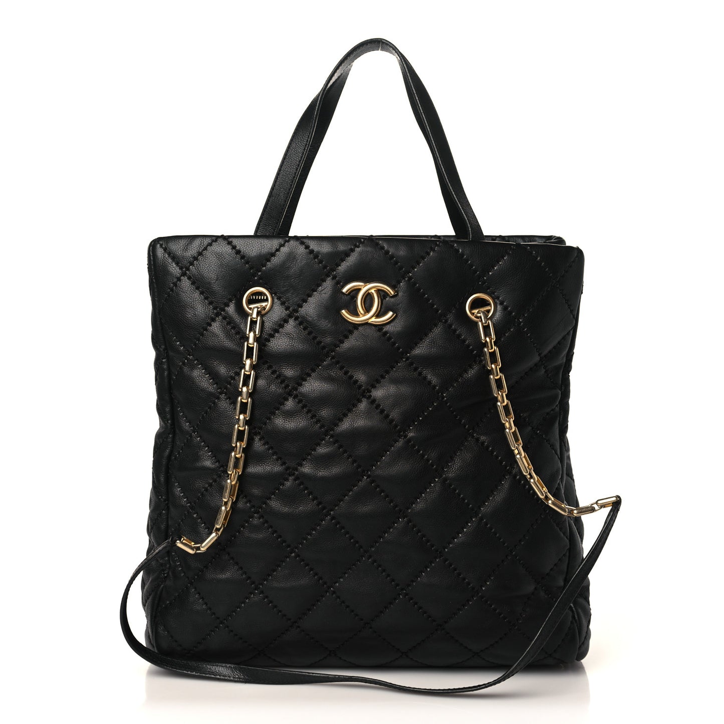 Calfskin Quilted Large Retro Chain Tote Black
