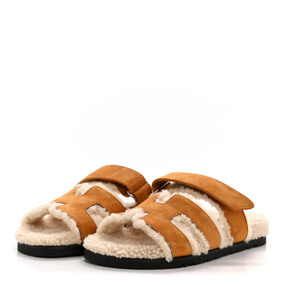 Hermes Suede Goatskin Woolskin Womens Chypre Sandals 38.5 Naturel Ecru 4 of 10