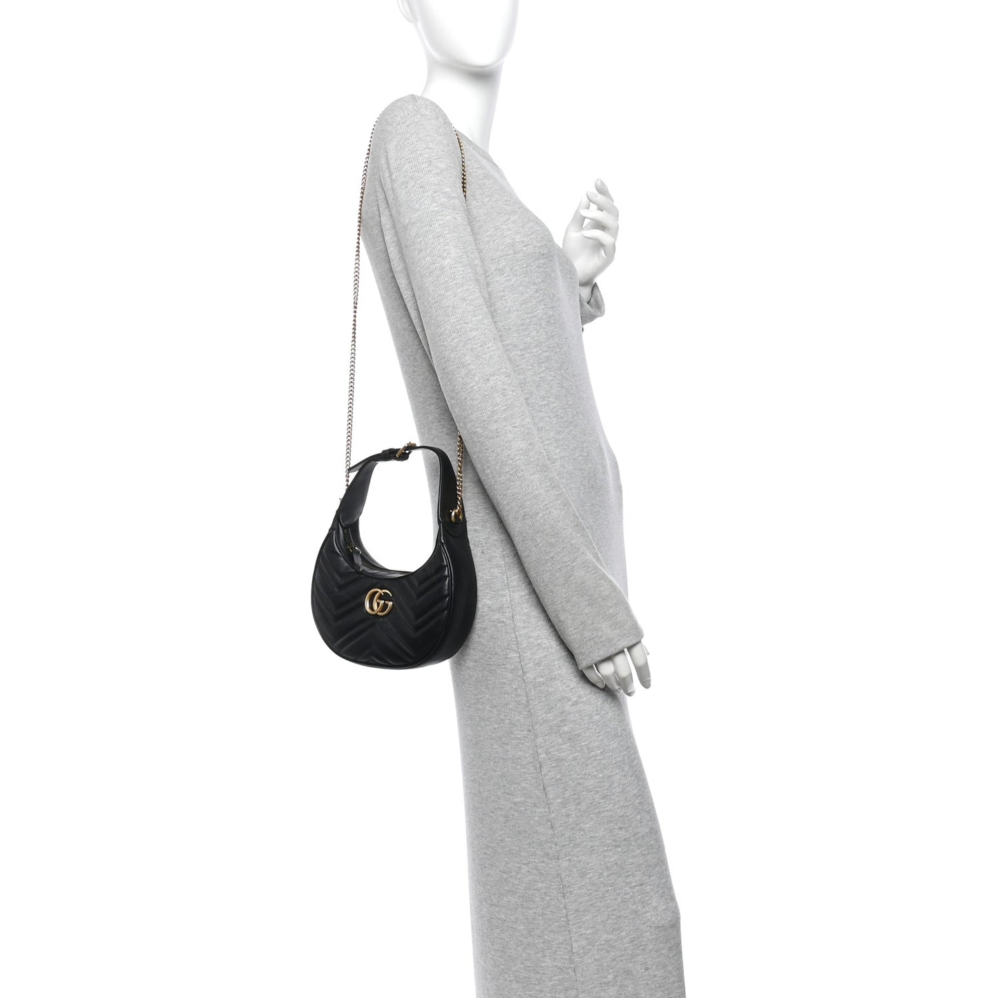 Calfskin Matelasse Chevron Mini GG Marmont Half Moon Hobo Black