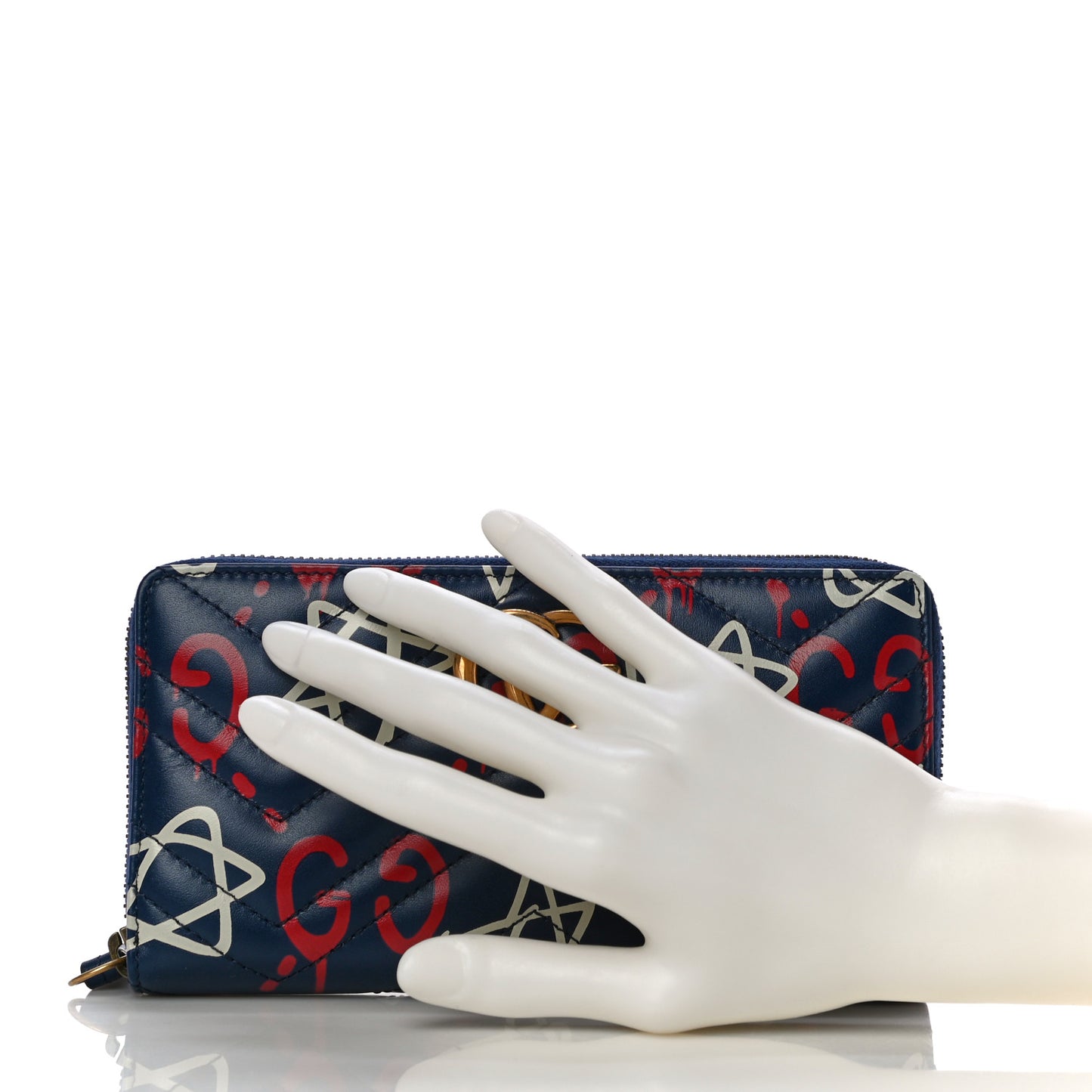 Calfskin Matelasse GucciGhost GG Marmont Zip Around Wallet Blue Agata Hibiscus Red