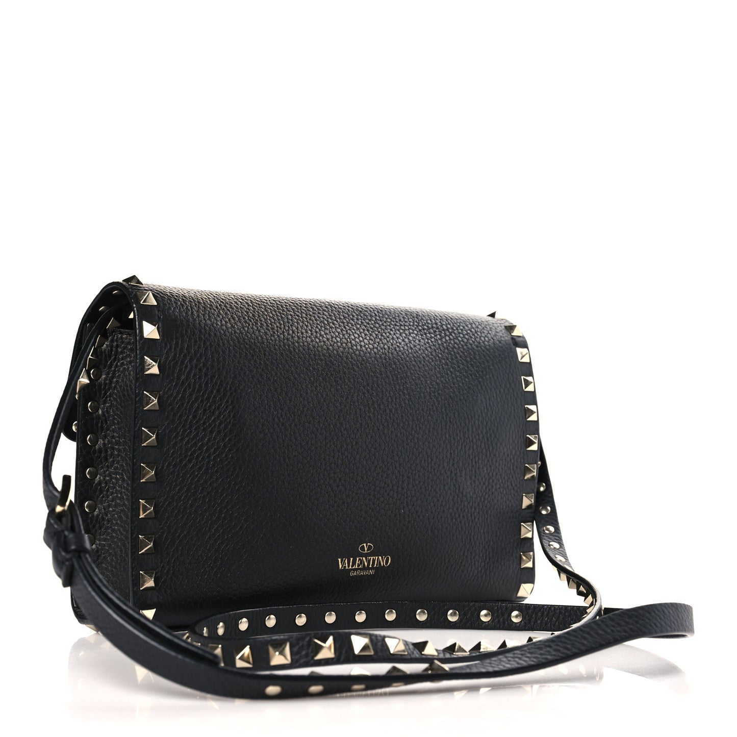 Pebbled Calfskin Medium Rockstud Flip Lock Crossbody Bag Black