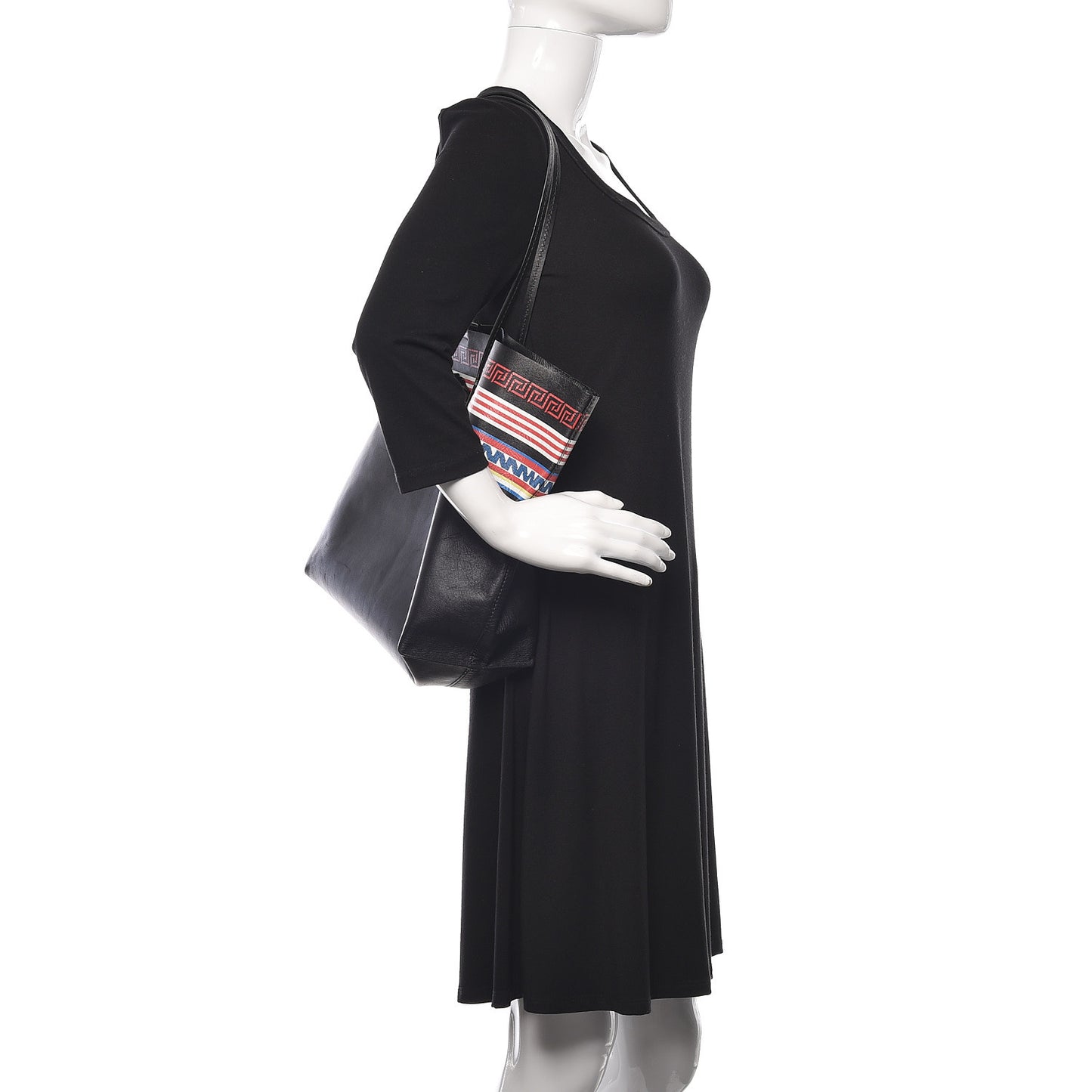 Calfskin Stripe Greek City Key Tote Black
