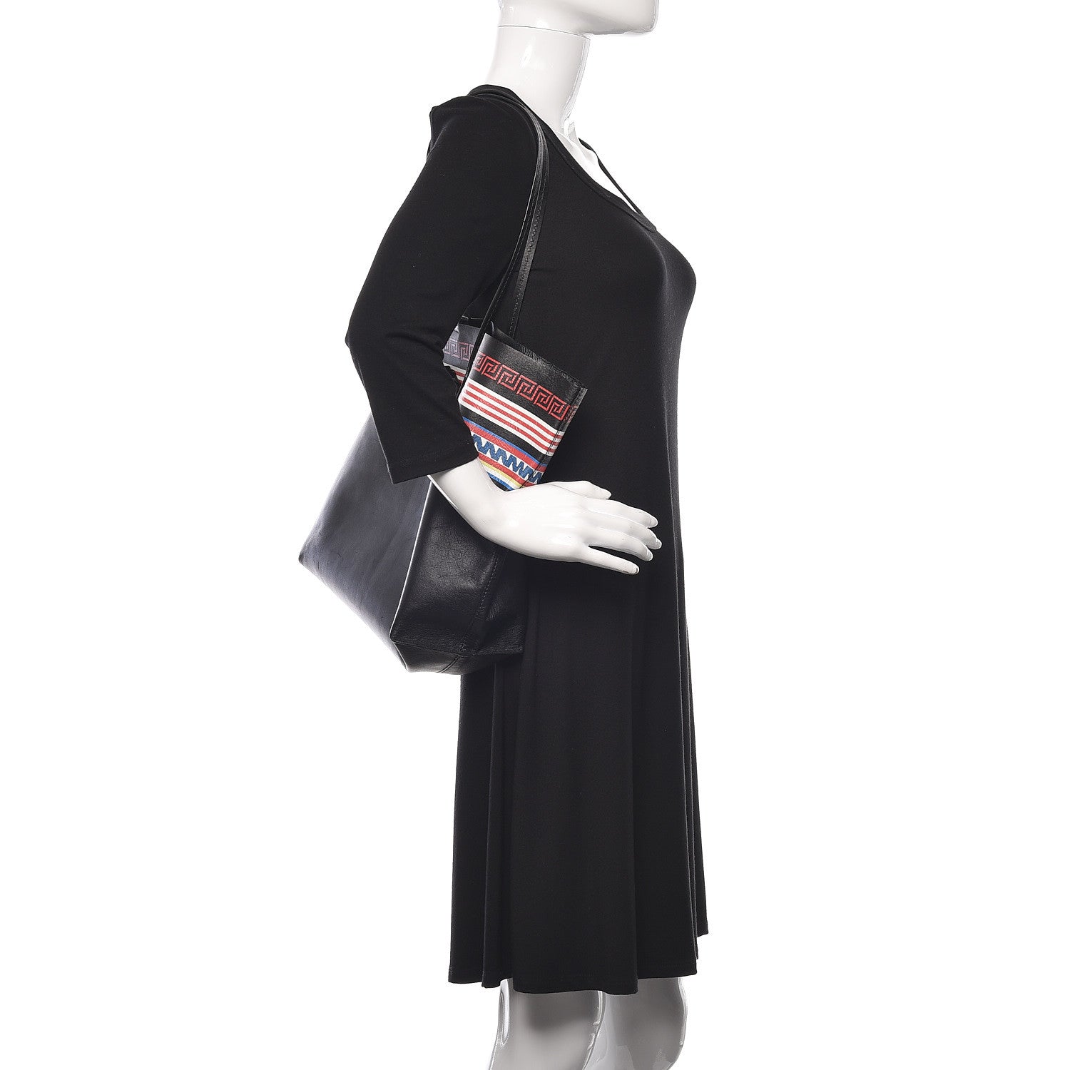 Versace Calfskin Stripe Greek City Key Tote Black 2 of 11