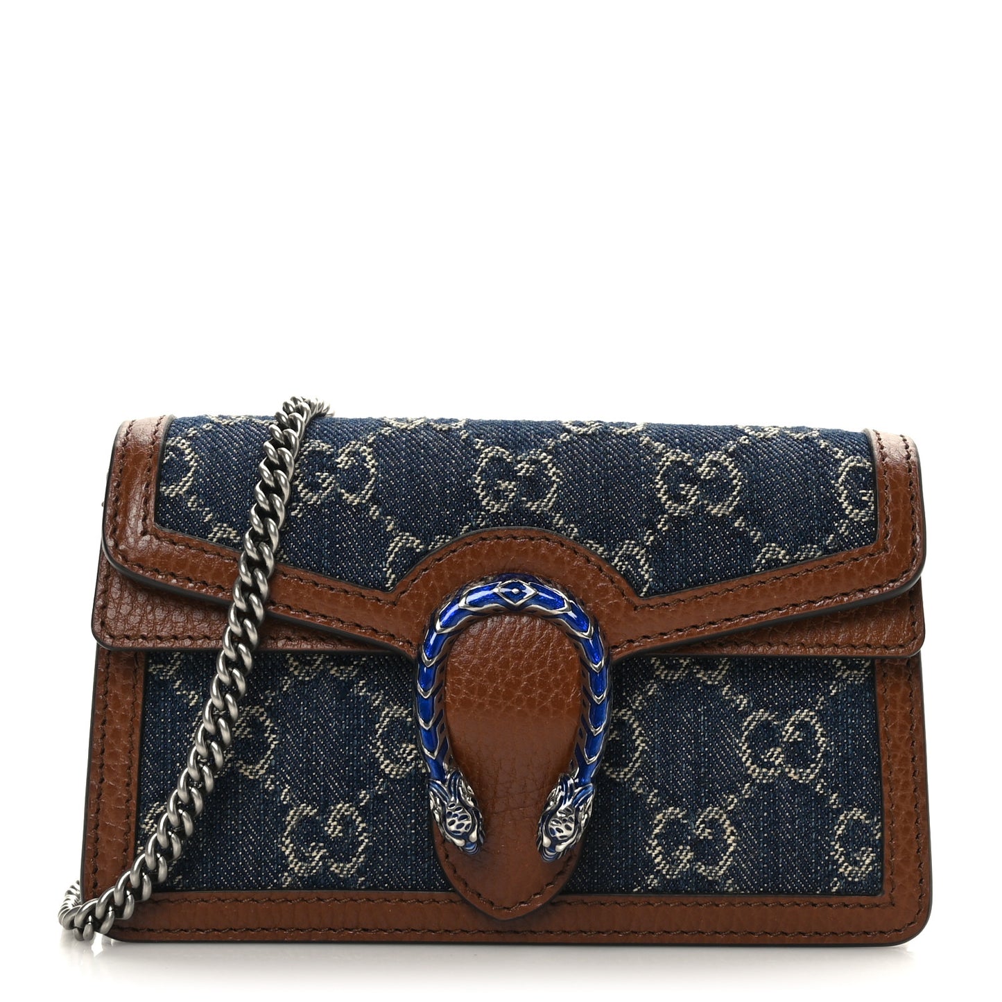 New Denim GG Monogram Dollar Calfskin Enamel Super Mini Dionysus Shoulder Bag Blue Tea Cuir Epilog Electric Blue