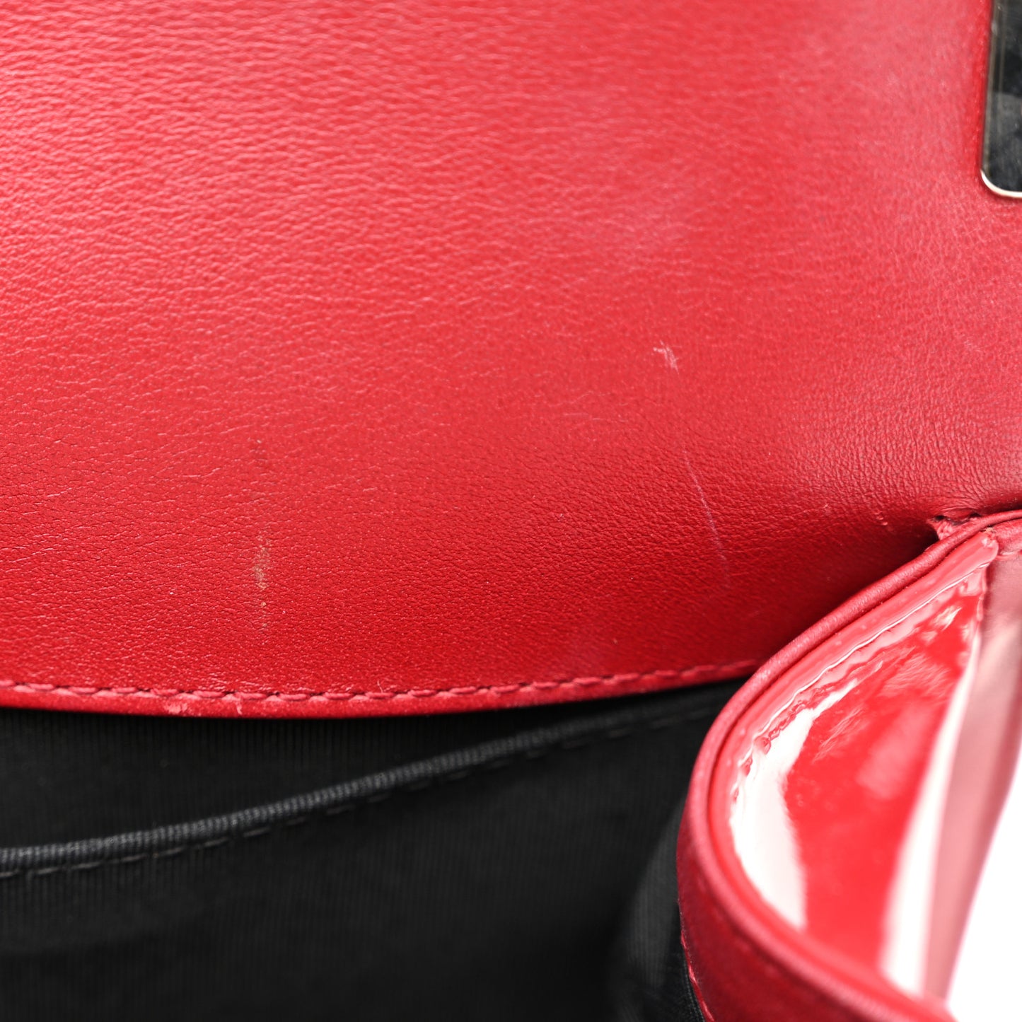 Patent Calfskin Quilted Medium Plexiglass Boy Flap Red
