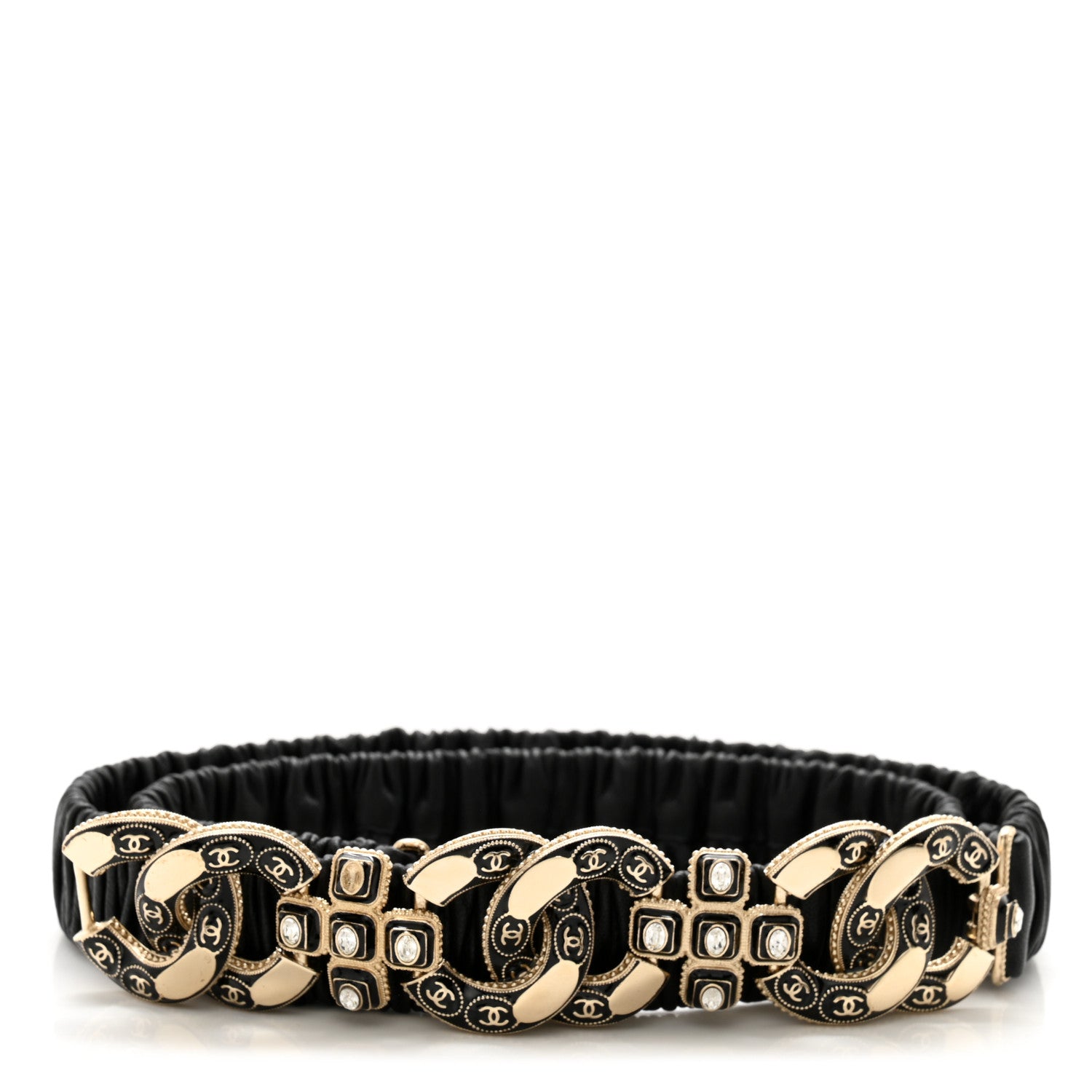 Chanel Lambskin Enamel Crystal Ruched CC Belt 85 34 Black 1 of 5