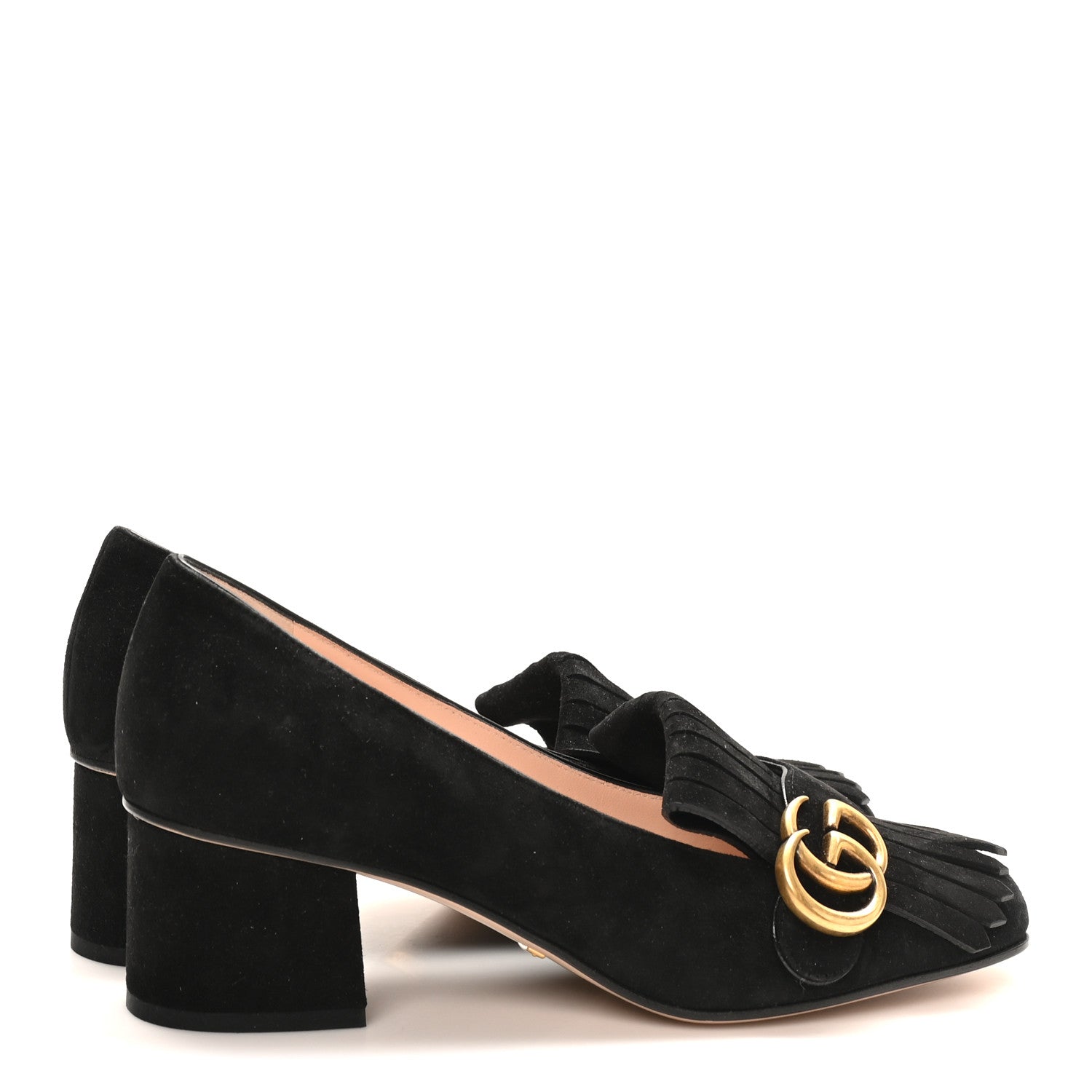 Gucci Kid Scamosciato GG Marmont Fringe 50mm Loafer Pumps 38 Black 5 of 9