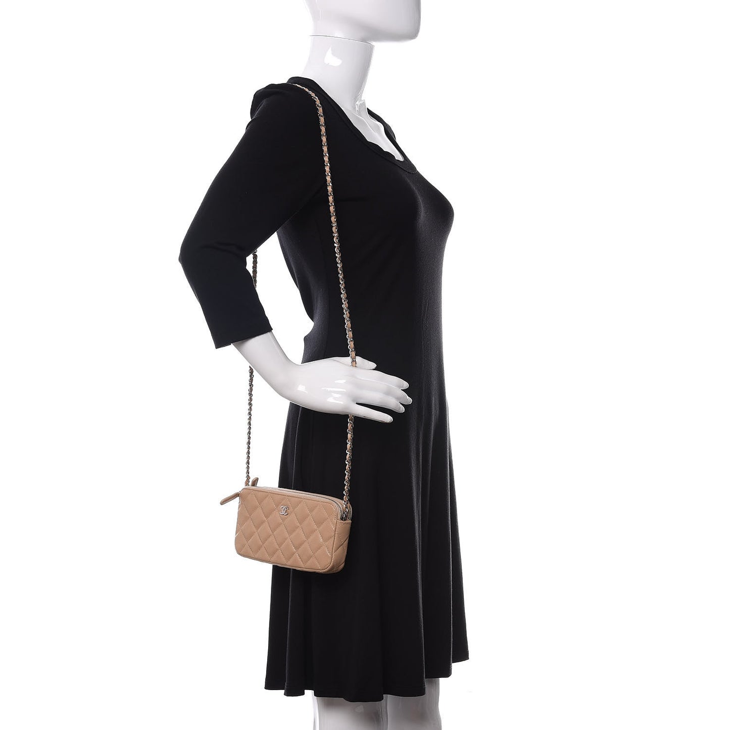 Caviar Quilted Small Clutch With Chain Beige