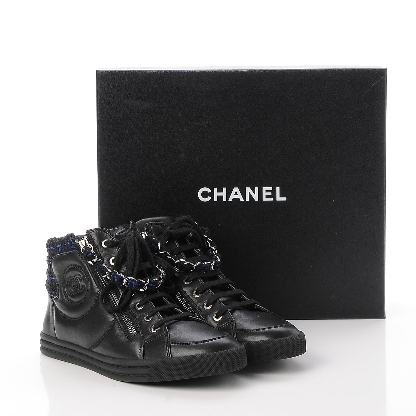 Lambskin Tweed Zipped Sneakers 38.5 Black Blue