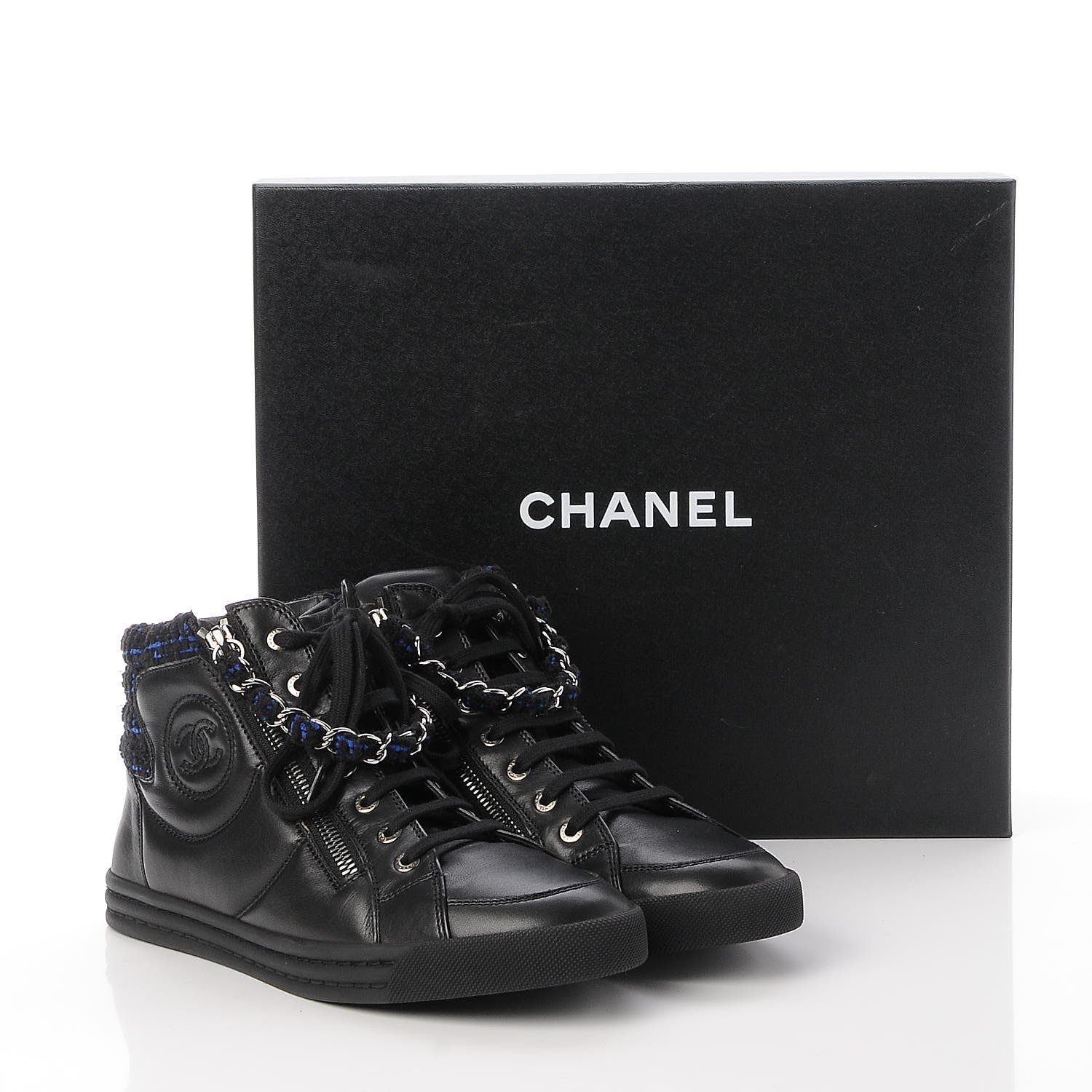 Chanel Lambskin Tweed Zipped Sneakers 38.5 Black Blue 9 of 9