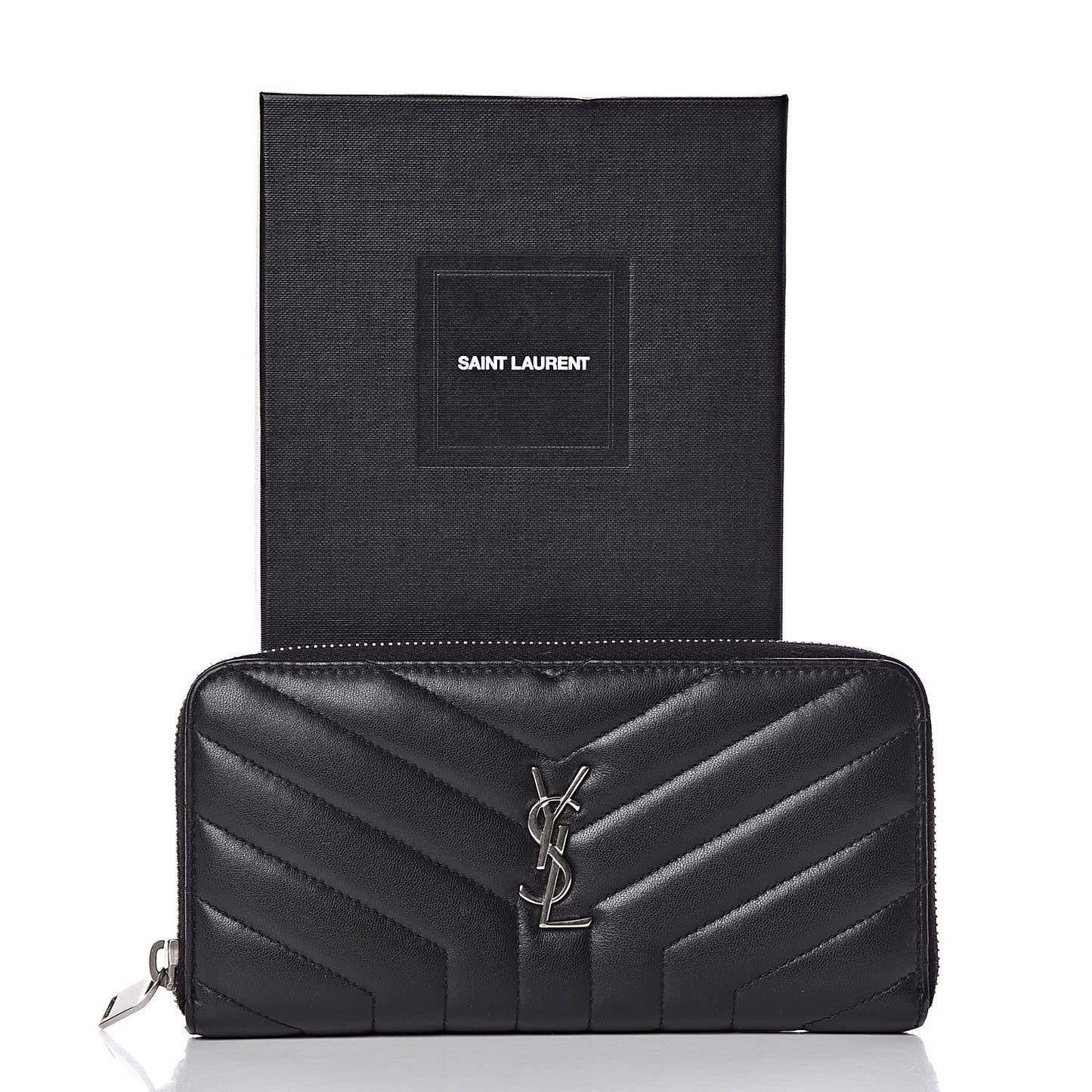 Calfskin Matelasse Chevron Monogram Zip Around Wallet Black
