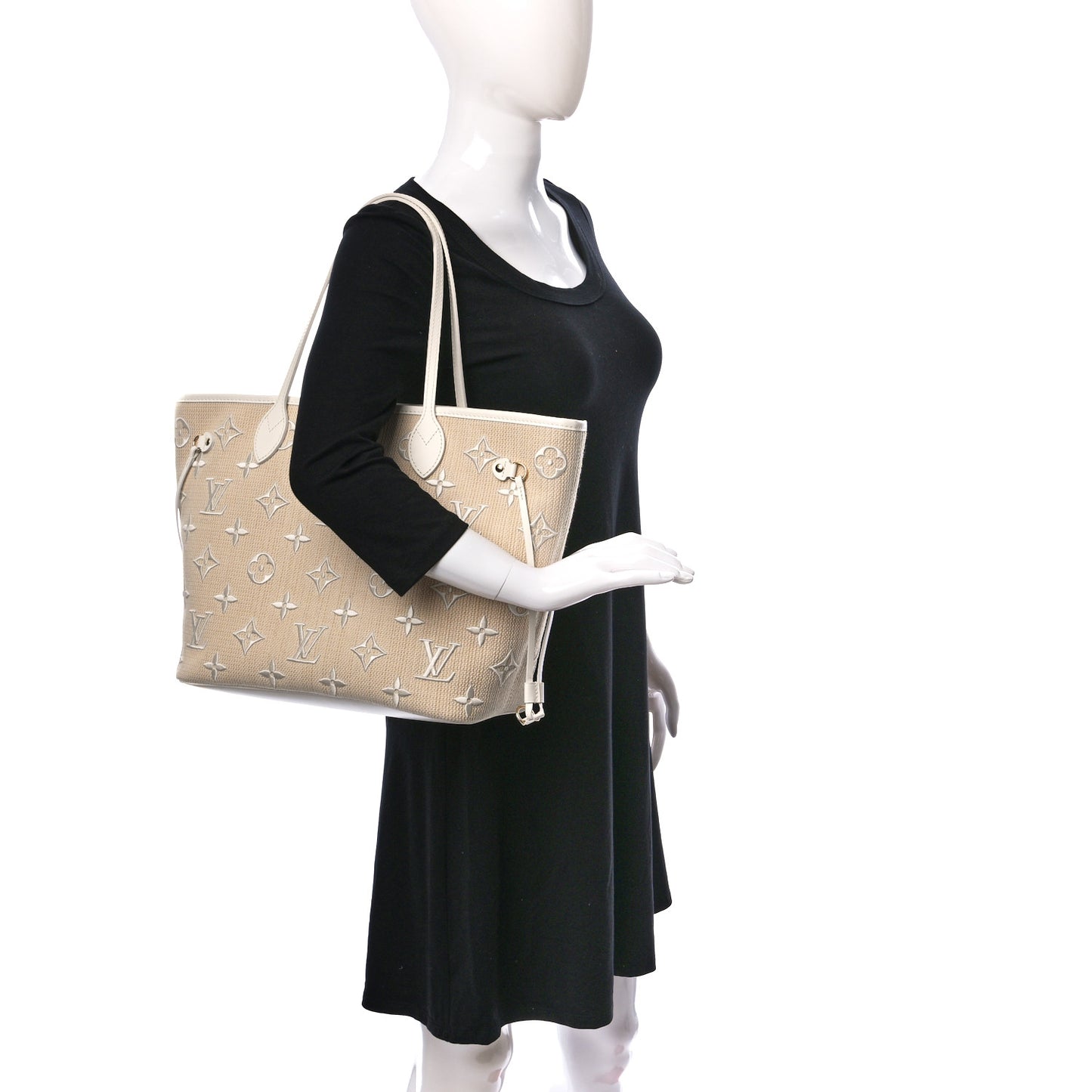 Cotton Monogram Embroidered Neverfull MM Beige White