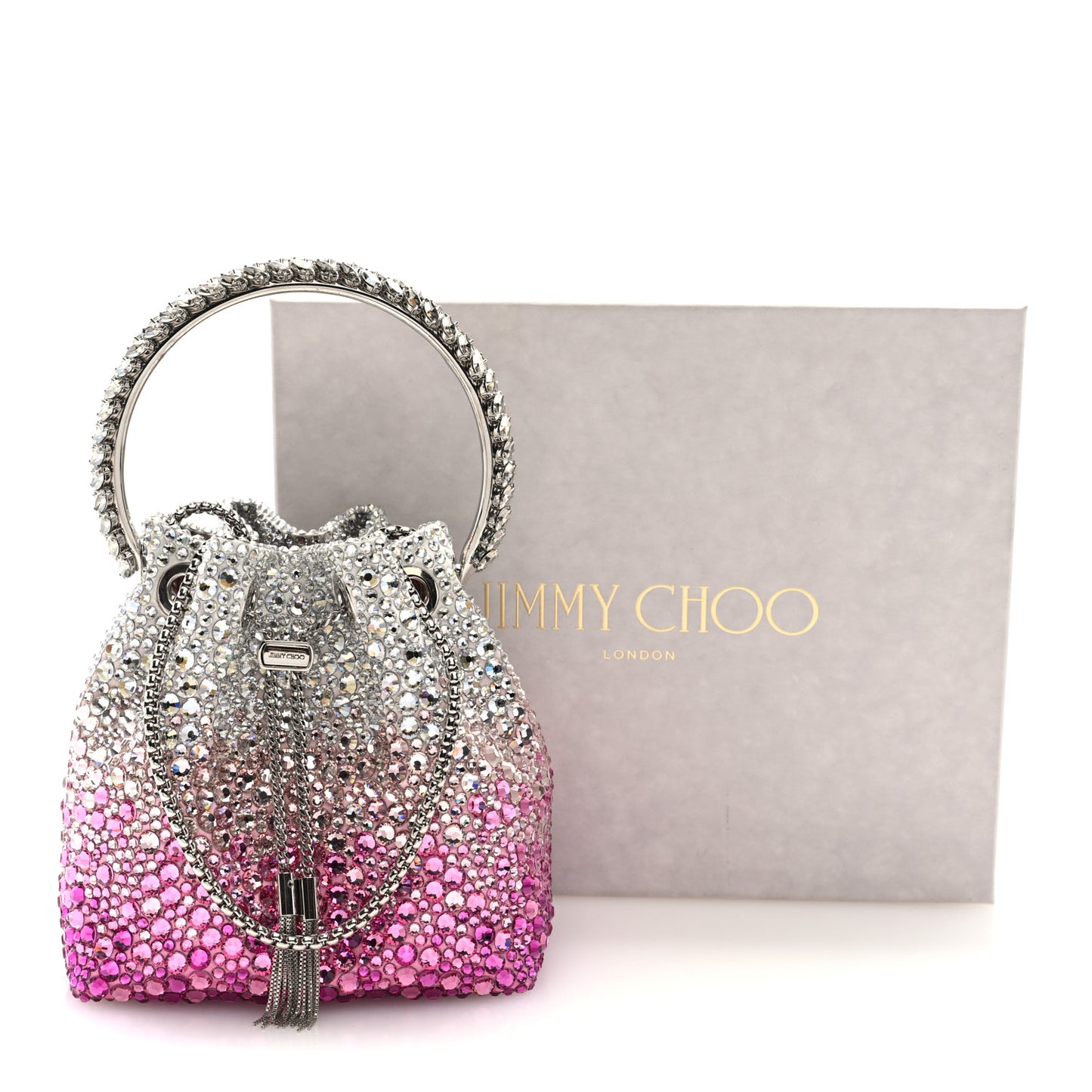Satin Hotfix Crystal Embellished Bon Bon Bucket Bag Candy Pink Silver
