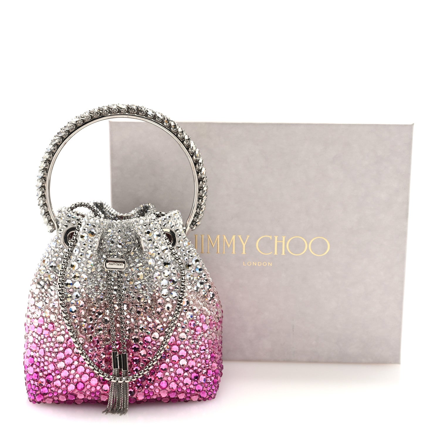 Jimmy Choo Satin Hotfix Crystal Embellished Bon Bon Bucket Bag Candy Pink Silver 10 of 10