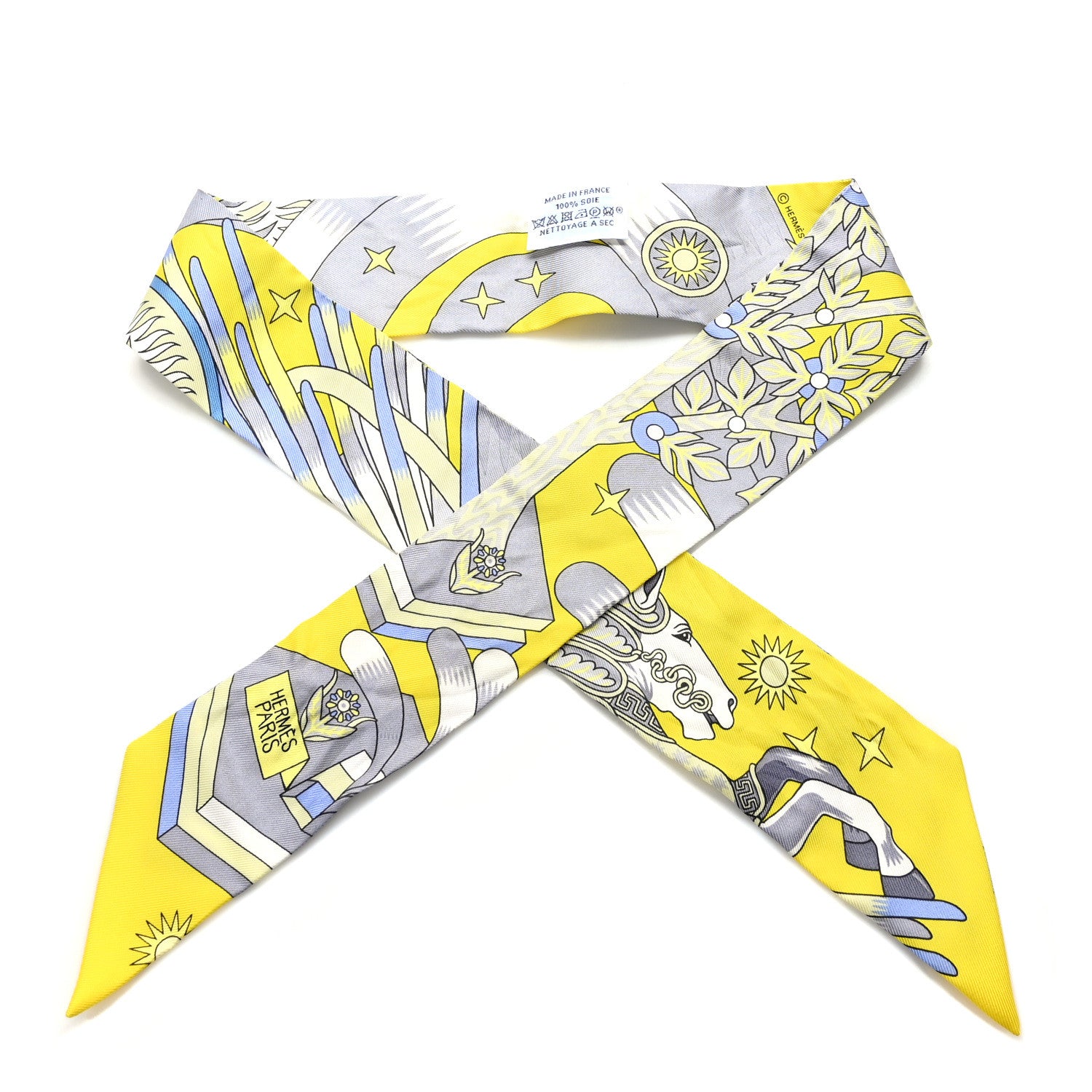 Hermes Silk La Source de Pegase Twilly Jaune Vif Gris Perle 1 of 4