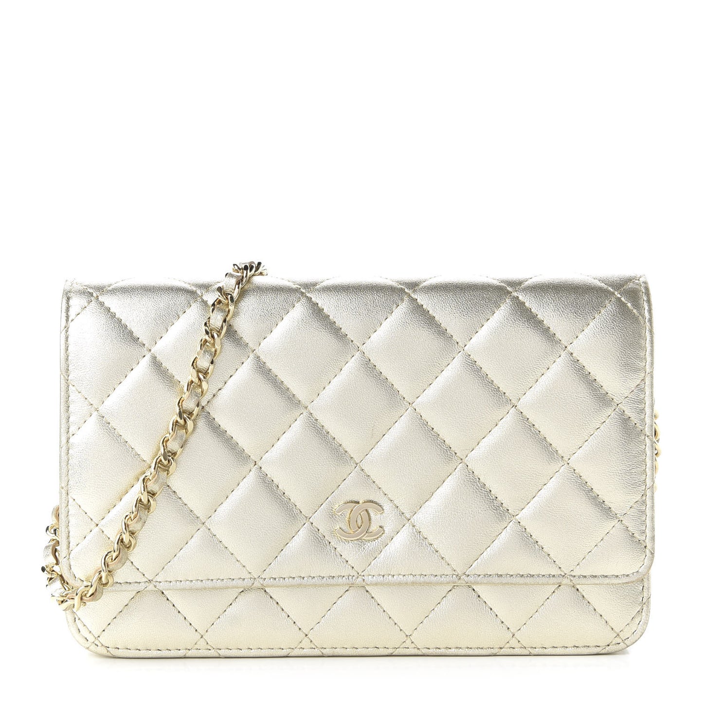 Metallic Lambskin Quilted Wallet On Chain WOC Gold