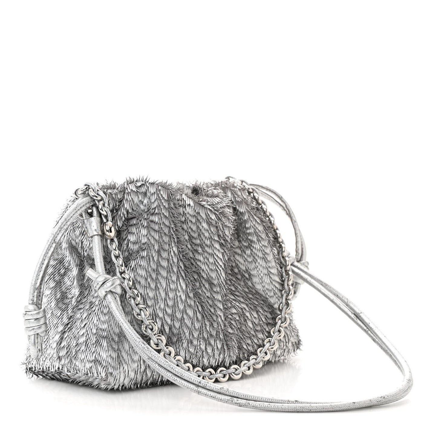 Metallic Nappa Calfskin Fringed Medium Chain Flamenco Knot Purse Silver