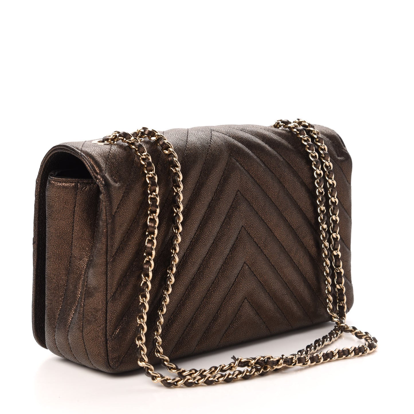 Metallic Caviar Chevron Quilted Medium Statement Flap Bronze